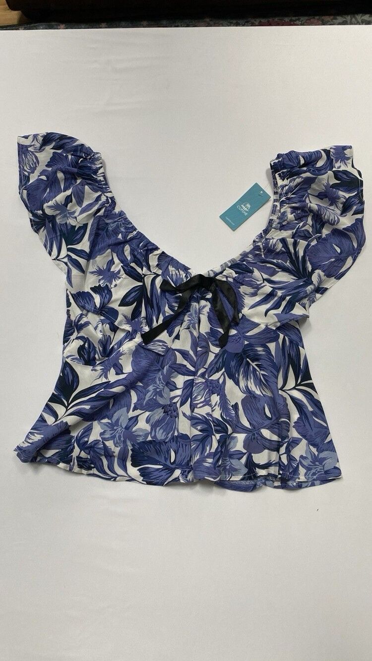 Cupshe Womens Large Blue Tropical Floral V Neck Top Flutter Sleeve Blouse NWT